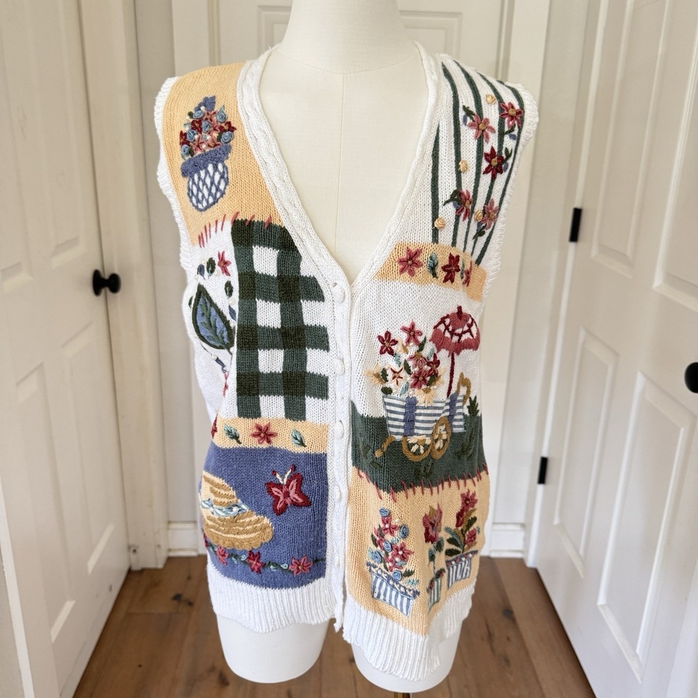 Vintage Teddi Hand Knit Spring Vest Sweater Womens Large Ramie Bead Cottagecore